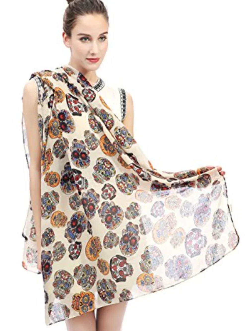 Day of the Dead Sugar Skull Print Large Scarf Shawl Lightweight Polyester